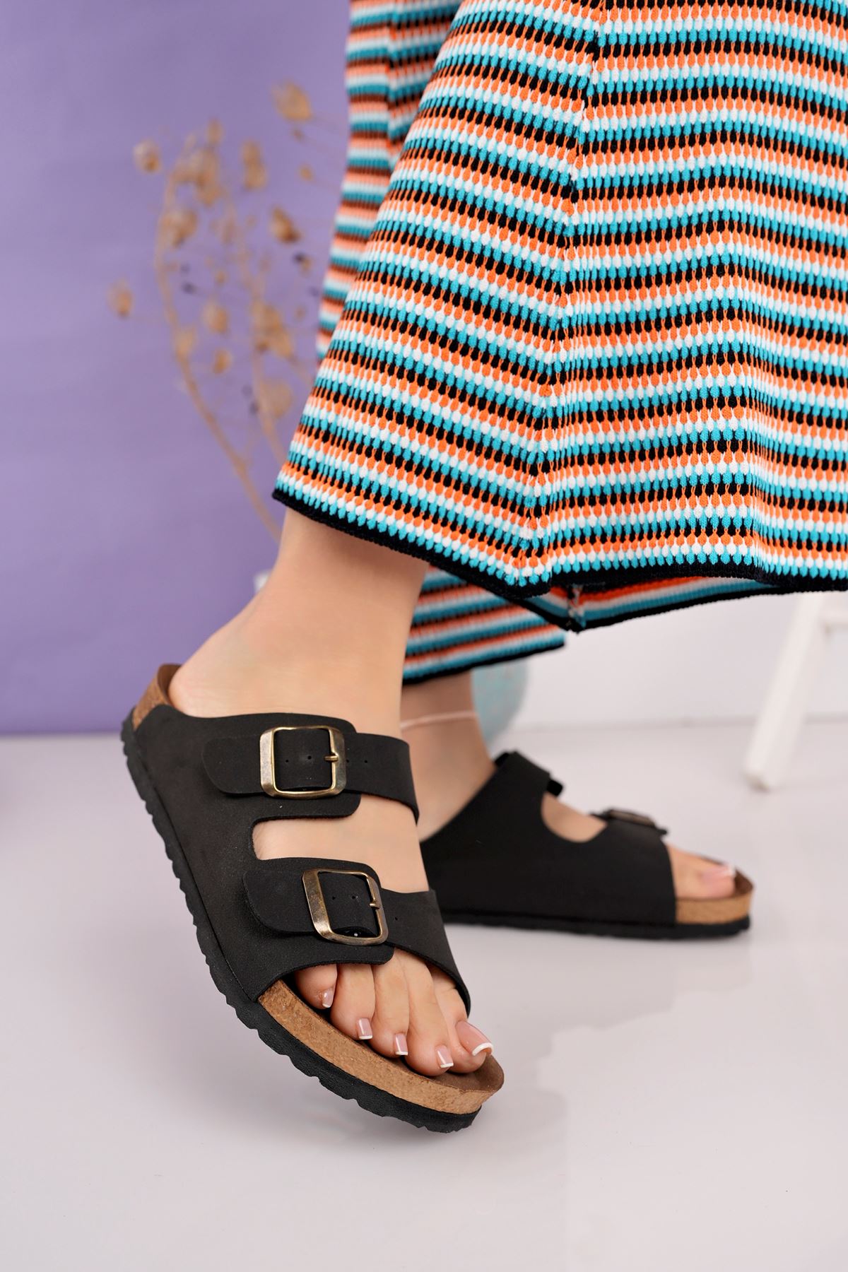 Freemax Kadın Garantili Çift Toka Yazlık Günlük Birken Terlik ppl 4095 Siyah