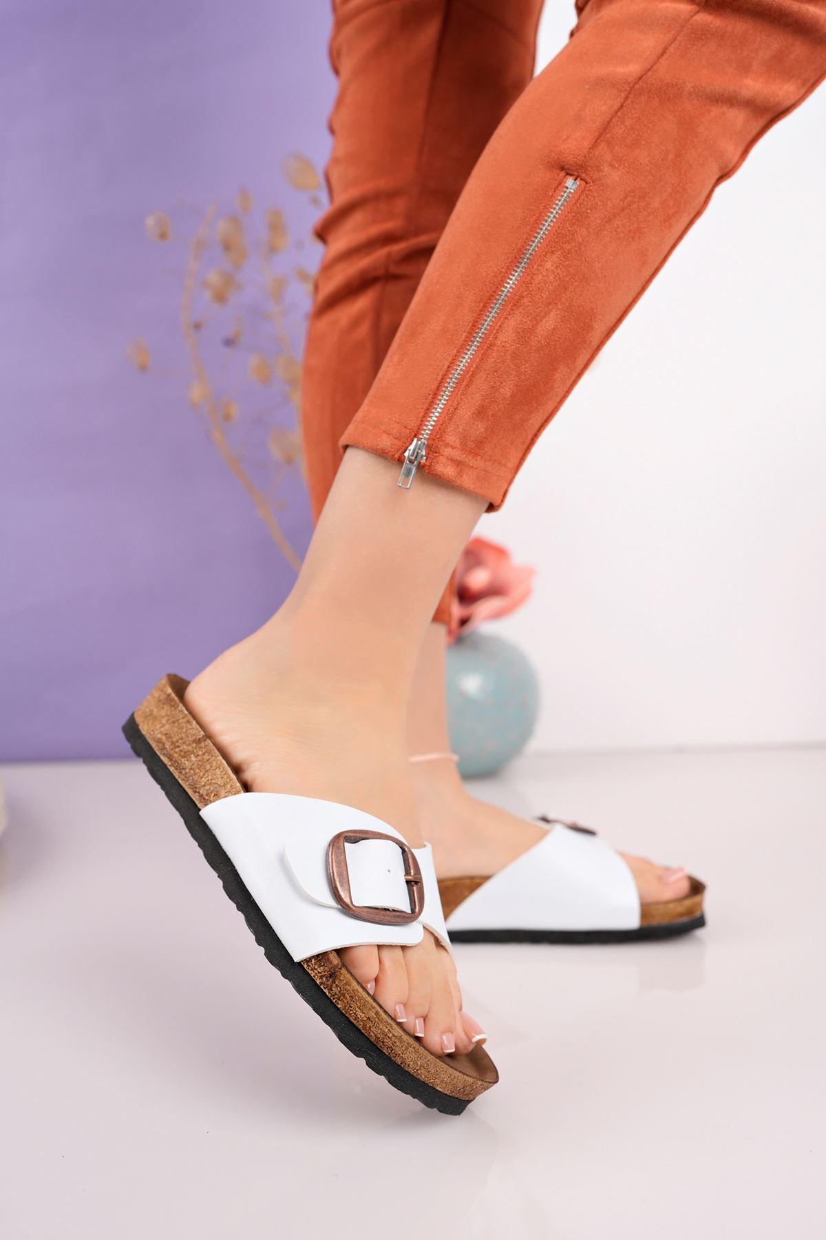 Freemax Kadın Garantili Tek Toka Yazlık Günlük Birken Terlik ppl 4097 Beyaz