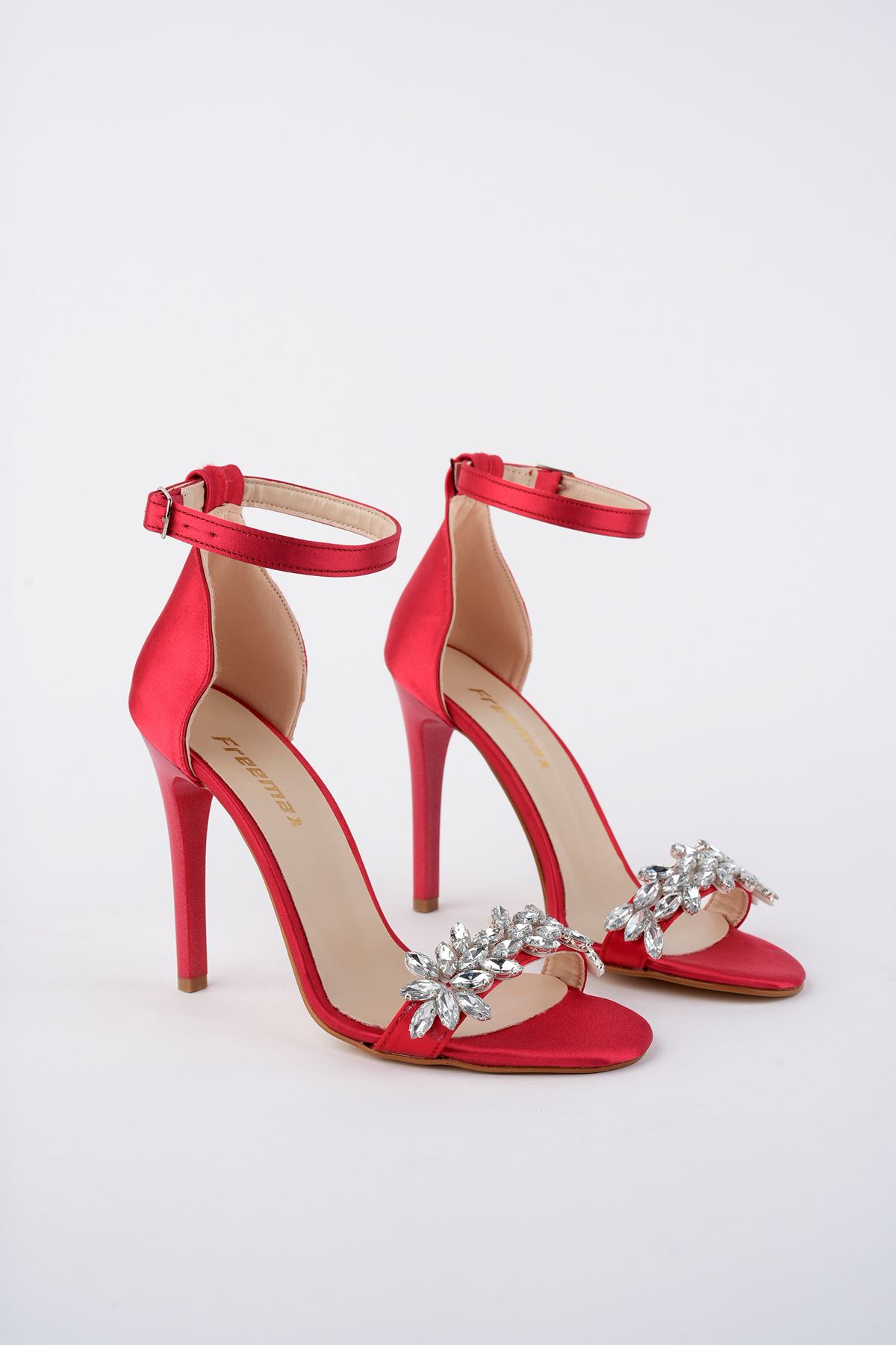Freemax Kadın Taşlı Yüksek 11 cm Klasik Topuklu Abiye Saten Ayakkabı Brt T6001 Kırmızı