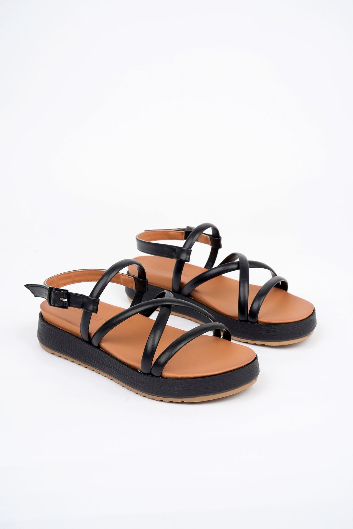 Freemax Kadın Garantili Çok Hafif Rahat 4 cm Topuk Anatomik Eva Taban Platform Sandalet Snr K27 Siyah