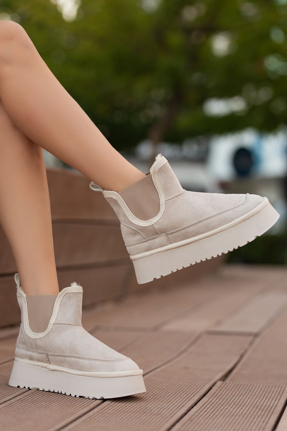 Freemax Garantili İçi Kürklü Çok Hafif 5cm Yüksek Taban Kışlık Chelsea Kadın Bot Bej