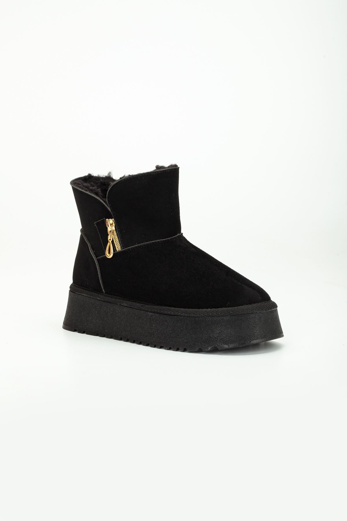 Freemax Garantili İçi Kürklü Çok Hafif 5cm Yüksek Taban Kışlık Fermuar Detay Kadın Bot Siyah