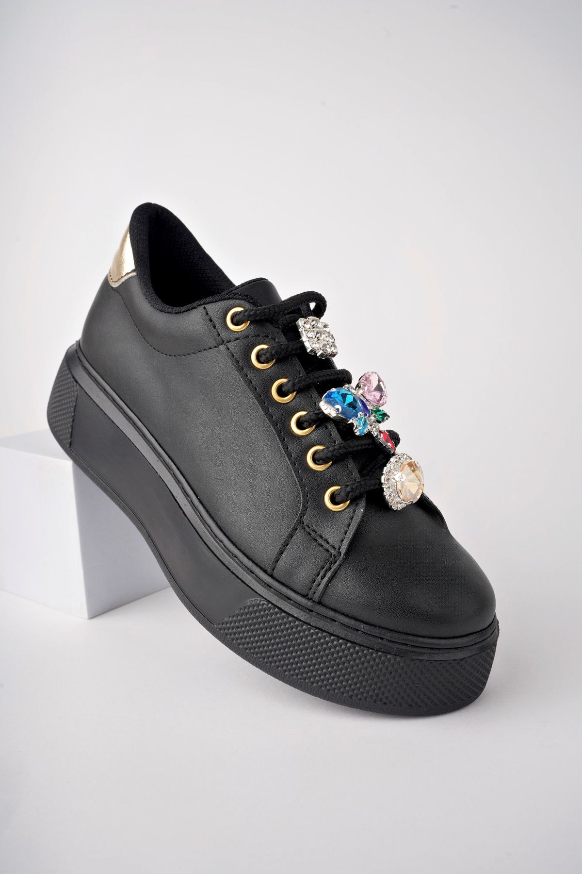 Freemax Kadın Taş Detay Sneaker Suni Deri Hafif Rahat Ayakkabı Abb.803 Siyah