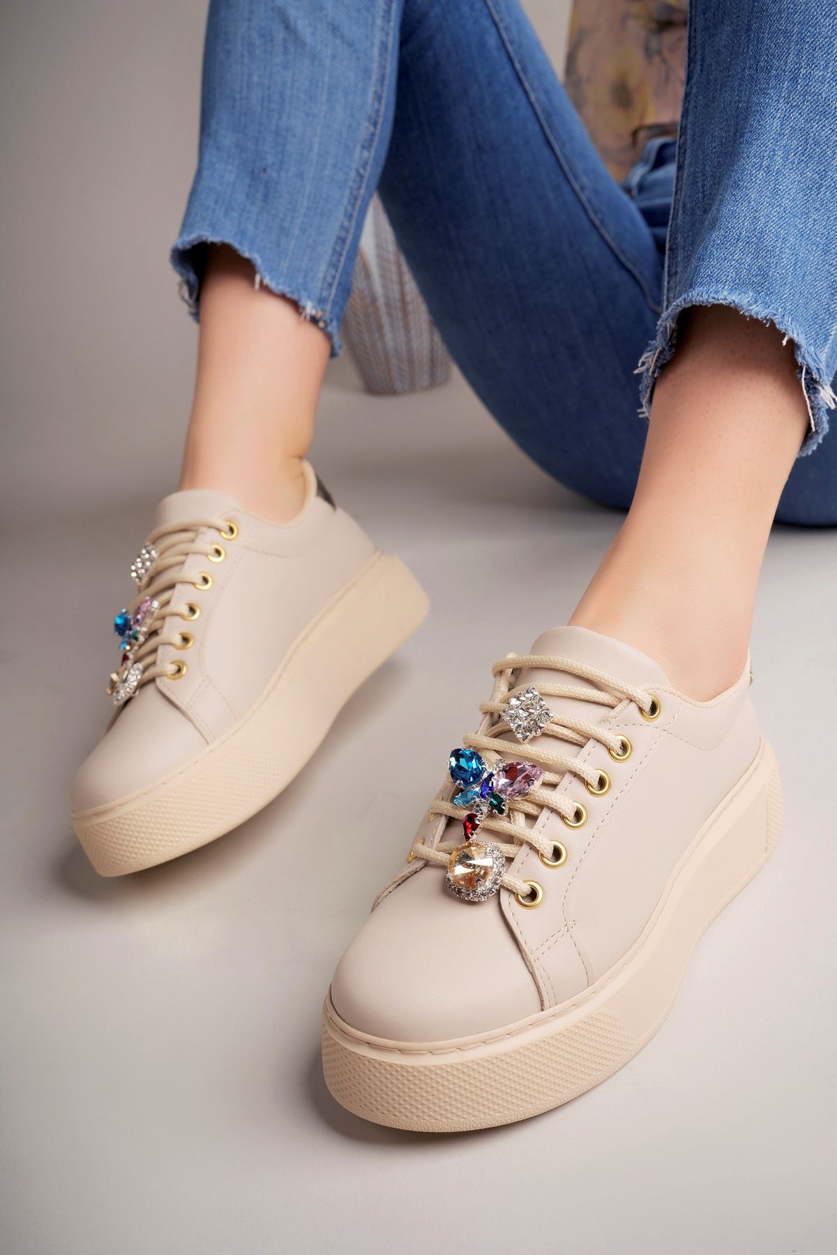 Freemax Kadın Taş Detay Sneaker Suni Deri Hafif Rahat Ayakkabı Abb.803 Ten