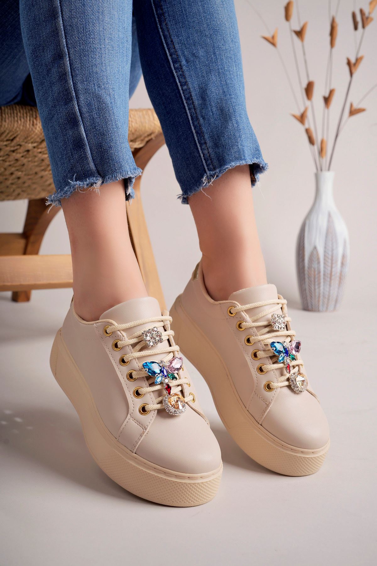 Freemax Kadın Taş Detay Sneaker Suni Deri Hafif Rahat Ayakkabı Abb.803 Ten