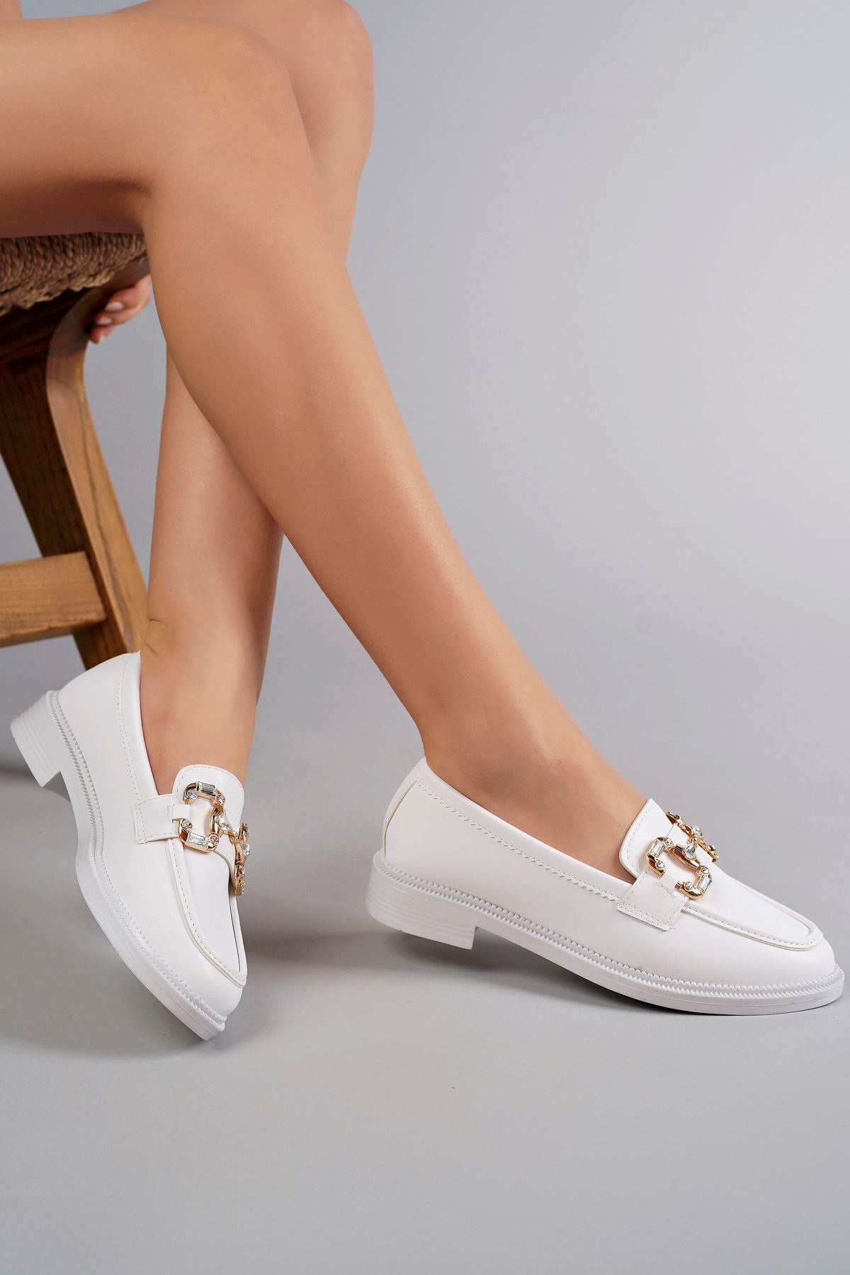 Freemax Kadın Anatomik Tasarım Taşlı Toka Oxford Loafer Ayakkabı Abb.2501 Beyaz