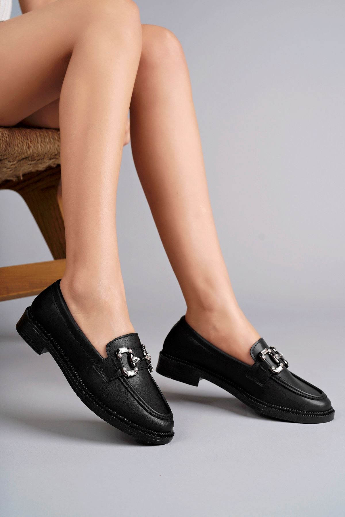 Freemax Kadın Anatomik Tasarım Taşlı Toka Oxford Loafer Ayakkabı Abb.2501 Siyah