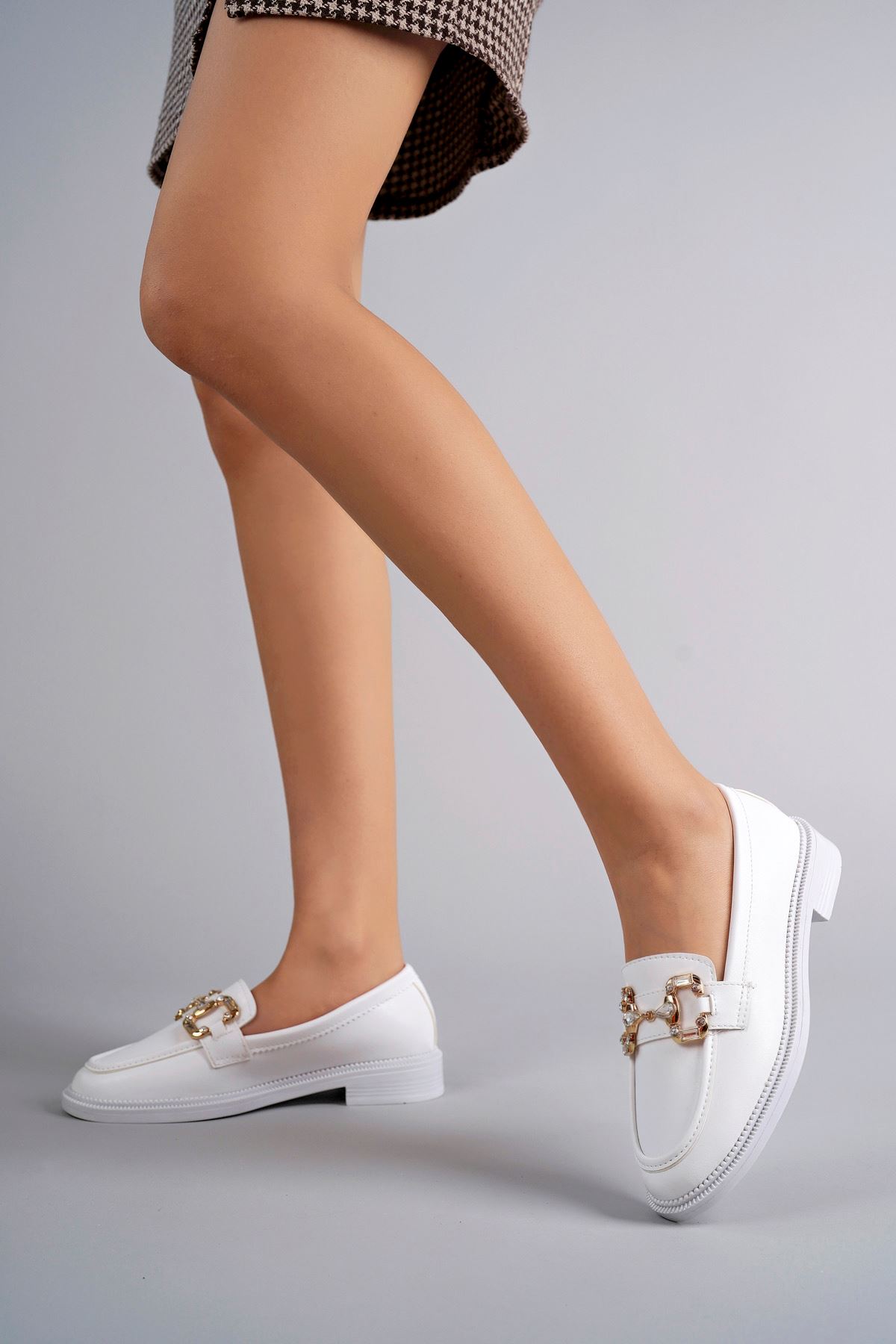 Freemax Kadın Anatomik Tasarım Taşlı Toka Oxford Loafer Ayakkabı Abb.2501 Beyaz