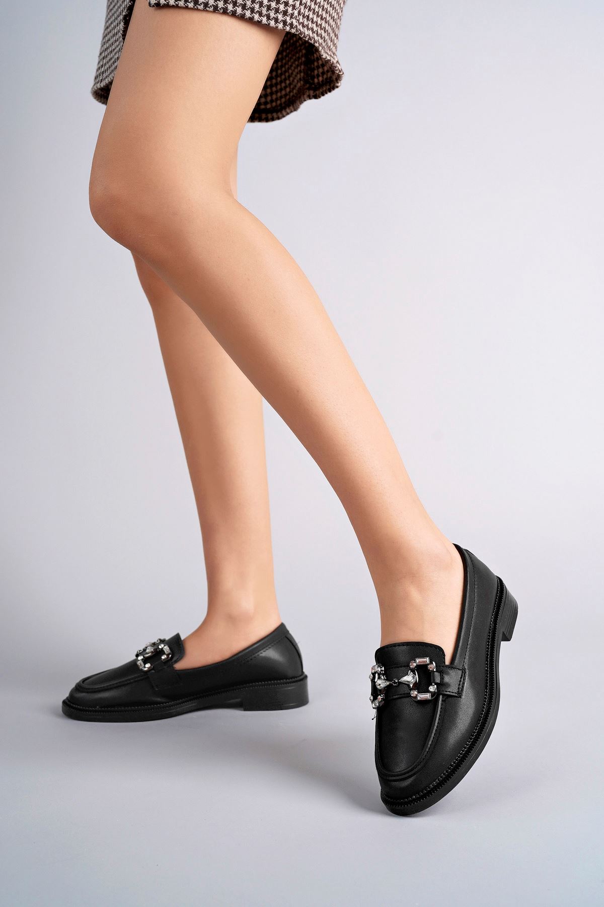 Freemax Kadın Anatomik Tasarım Taşlı Toka Oxford Loafer Ayakkabı Abb.2501 Siyah