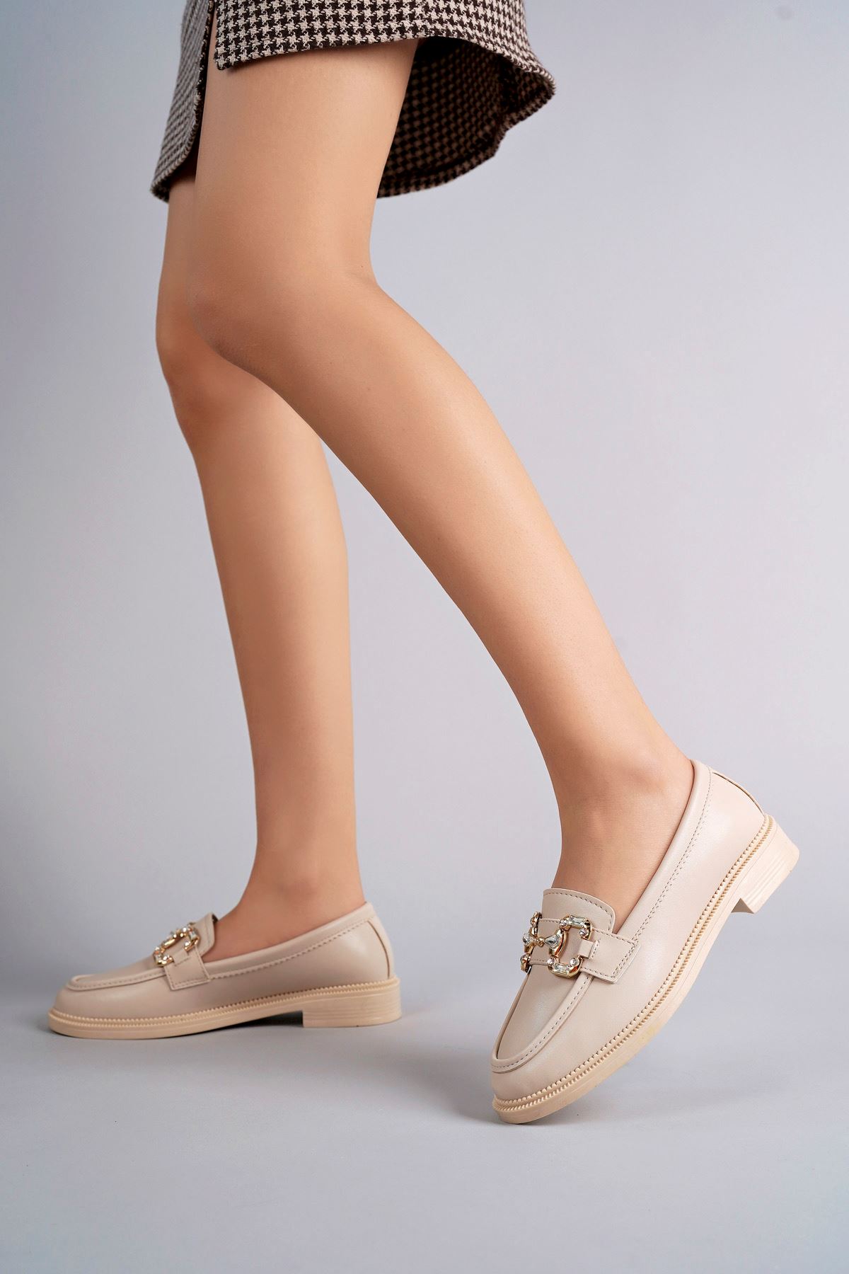 Freemax Kadın Anatomik Tasarım Taşlı Toka Oxford Loafer Ayakkabı Abb.2501 Ten