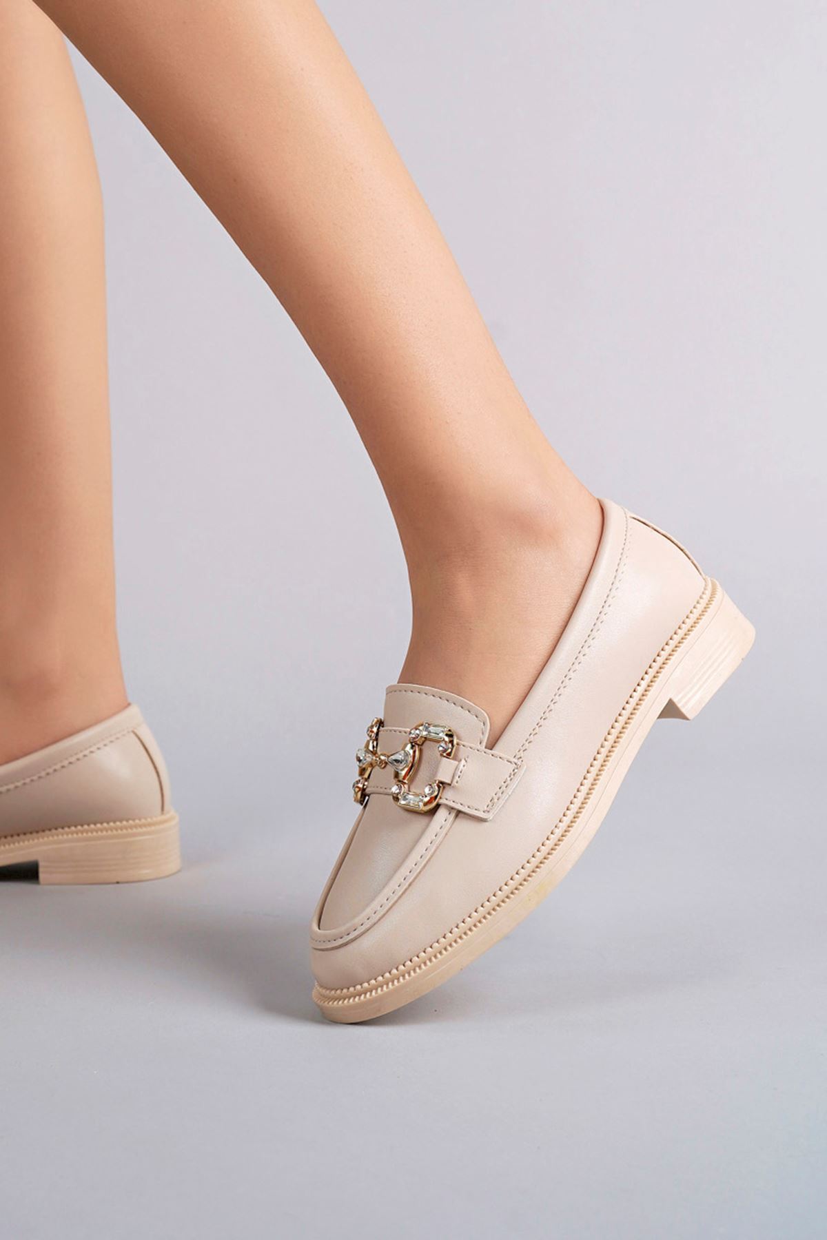 Freemax Kadın Anatomik Tasarım Taşlı Toka Oxford Loafer Ayakkabı Abb.2501 Ten