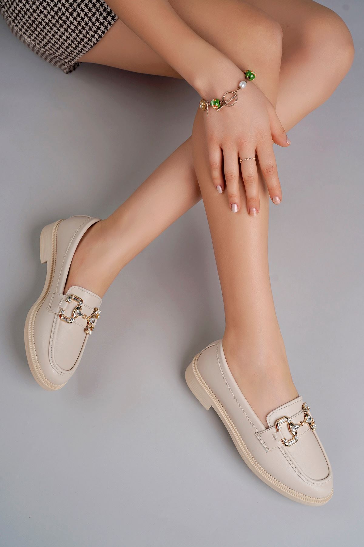 Freemax Kadın Anatomik Tasarım Taşlı Toka Oxford Loafer Ayakkabı Abb.2501 Ten