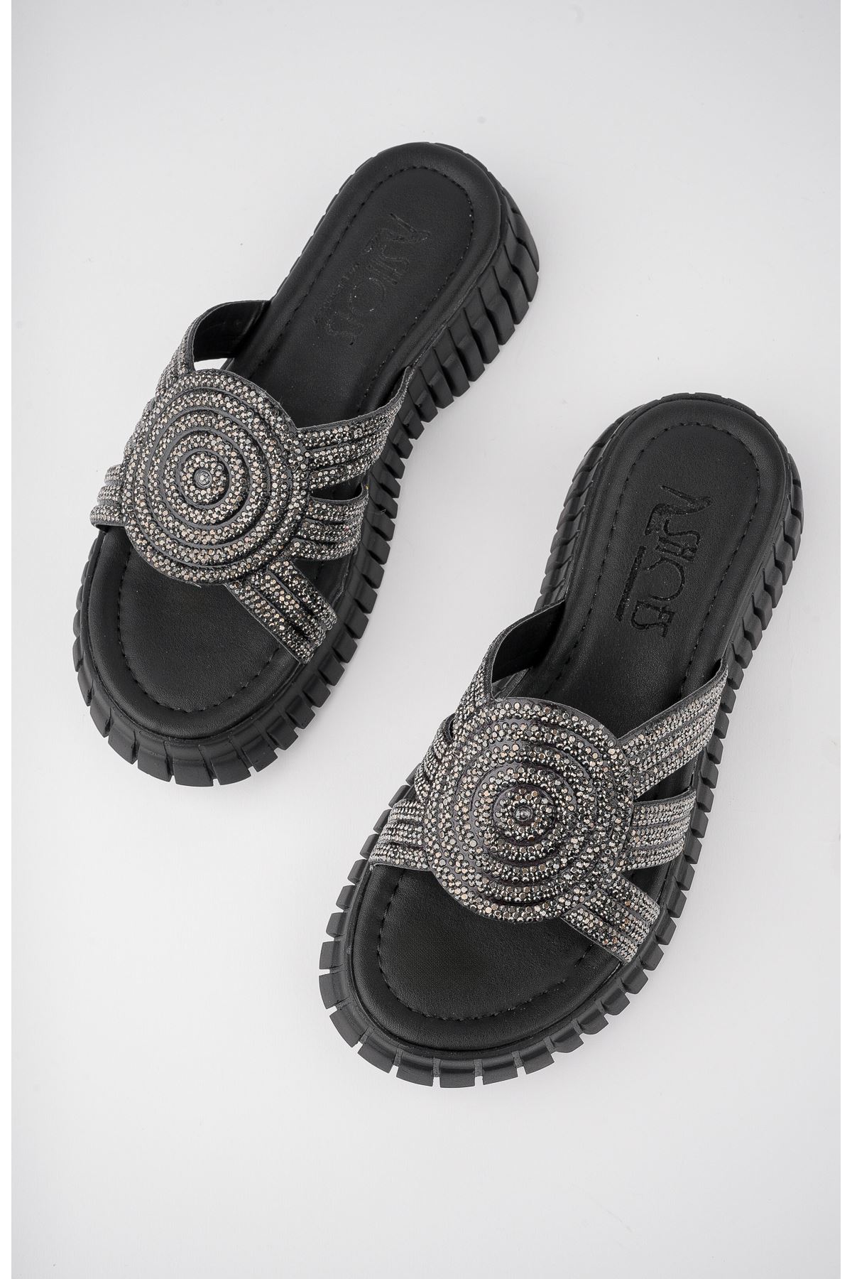 Freemax Kadın Terlik Taş Detaylı Garantili Abb.809 Siyah