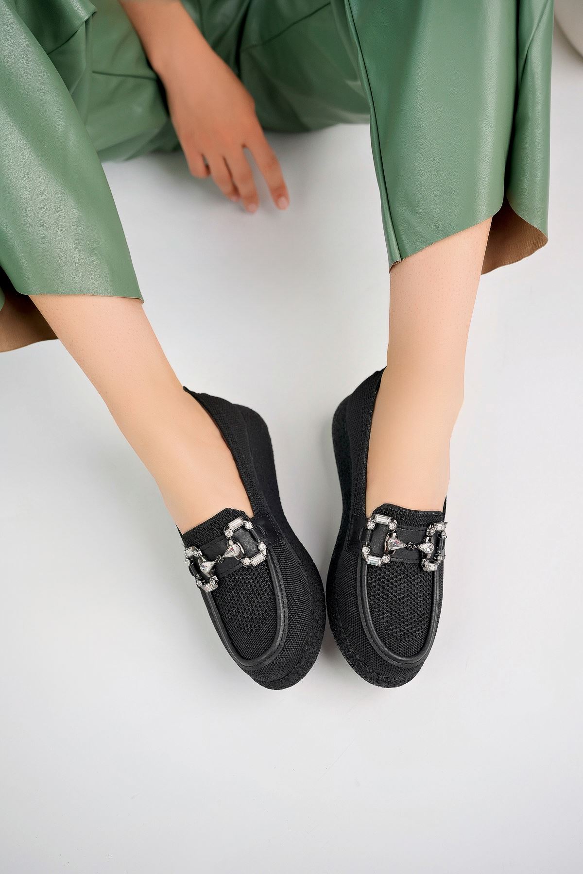 Freemax Kadın Anatomik Tasarım Taşlı Toka Dokuma Oxford Ayakkabı Abb.810 Siyah