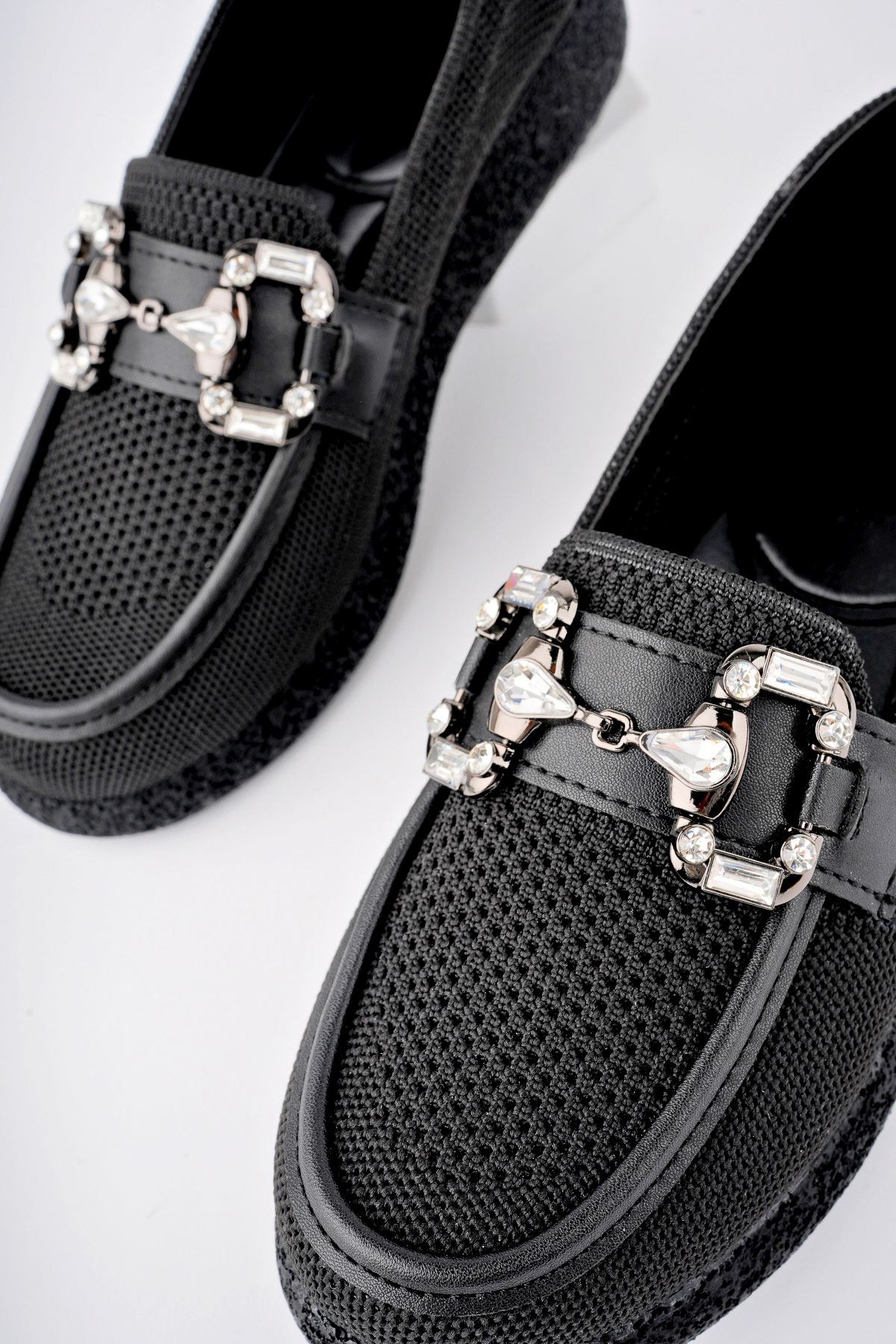 Freemax Kadın Anatomik Tasarım Taşlı Toka Dokuma Oxford Ayakkabı Abb.810 Siyah