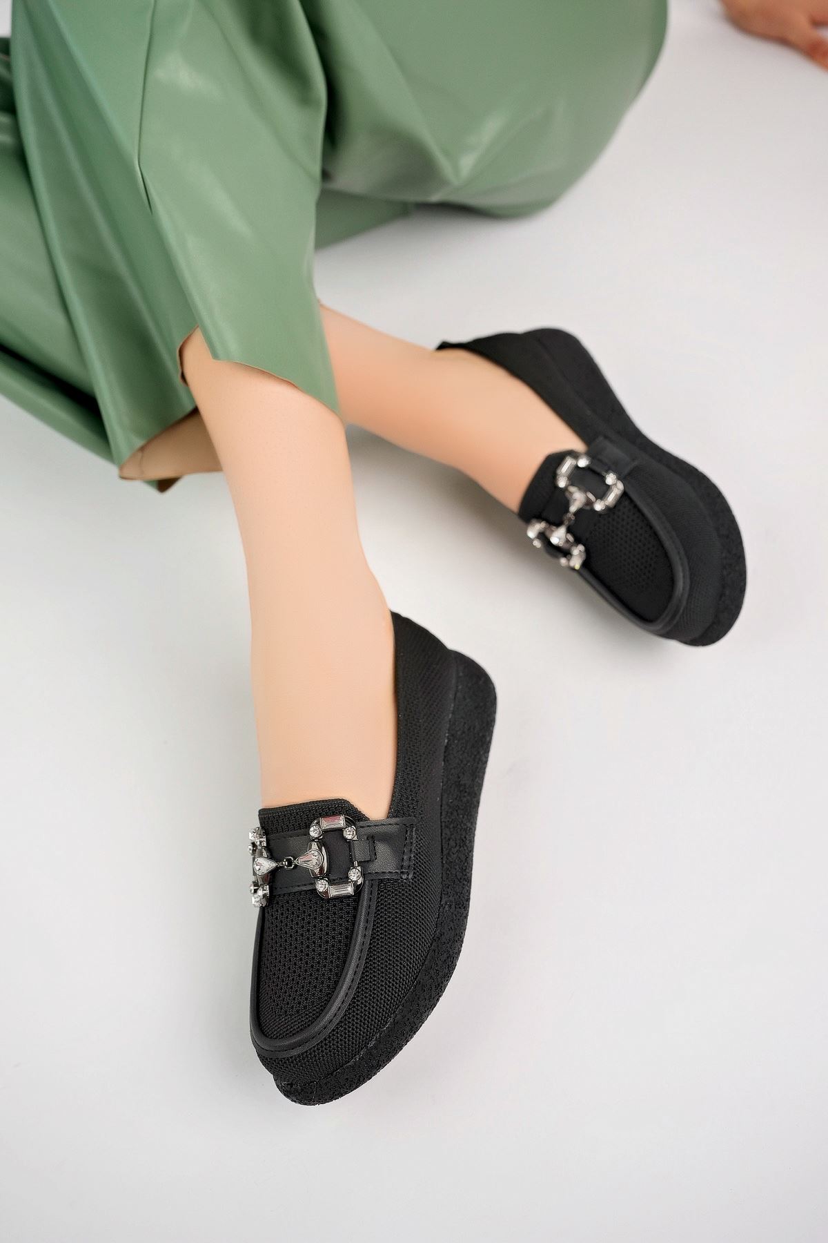 Freemax Kadın Anatomik Tasarım Taşlı Toka Dokuma Oxford Ayakkabı Abb.810 Siyah