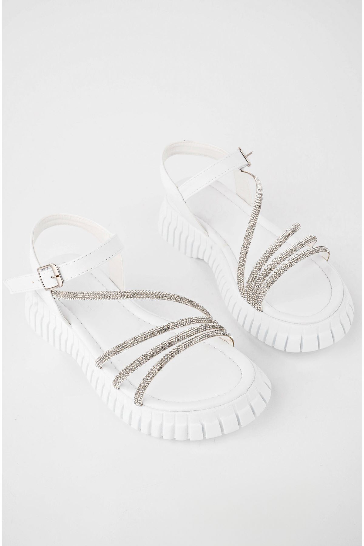 Freemax Kadın Sandalet Taş Detaylı Garantili Abb.811 Beyaz