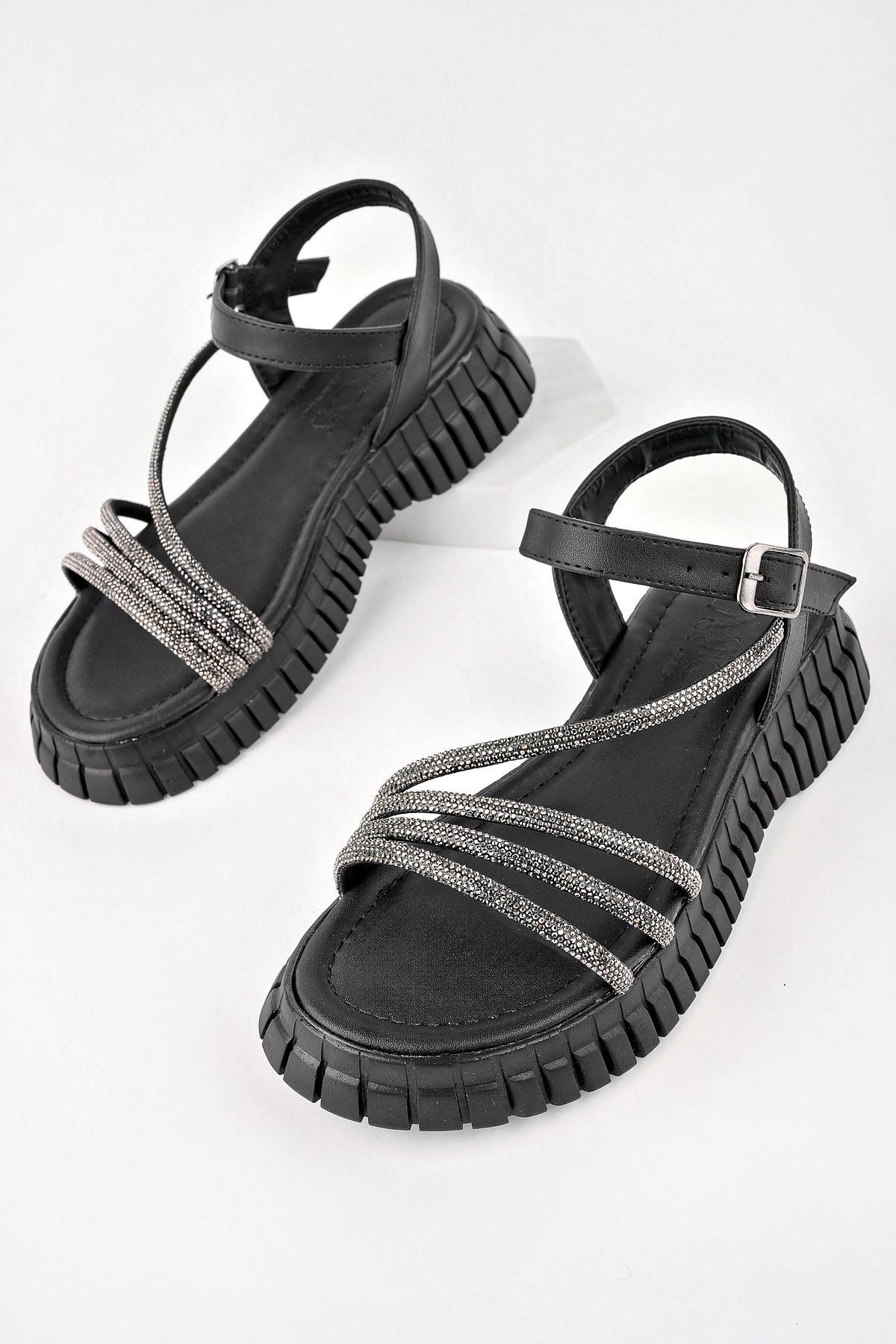 Freemax Kadın Sandalet Taş Detaylı Garantili Abb.811 Siyah