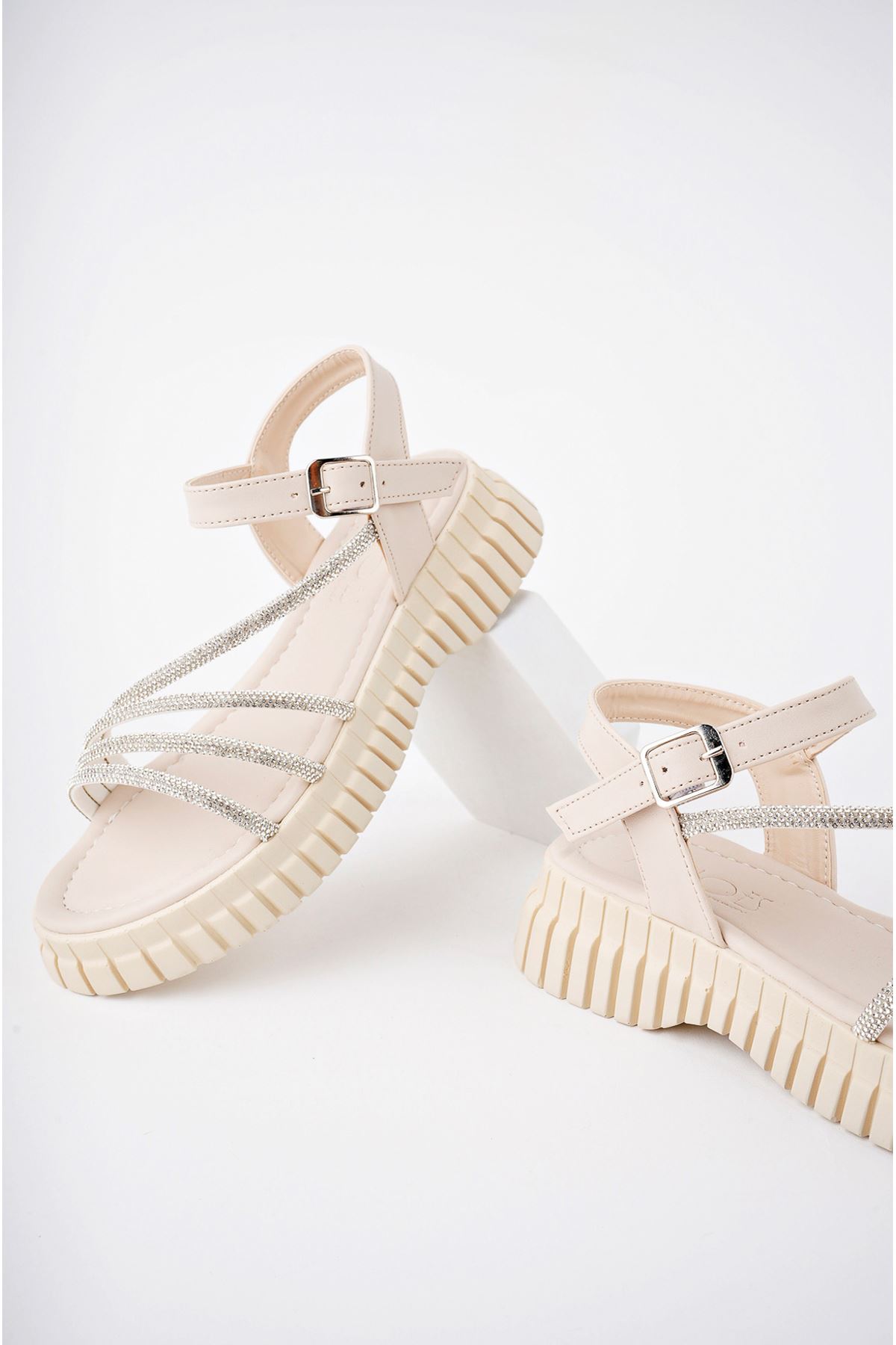 Freemax Kadın Sandalet Taş Detaylı Garantili Abb.811 Ten