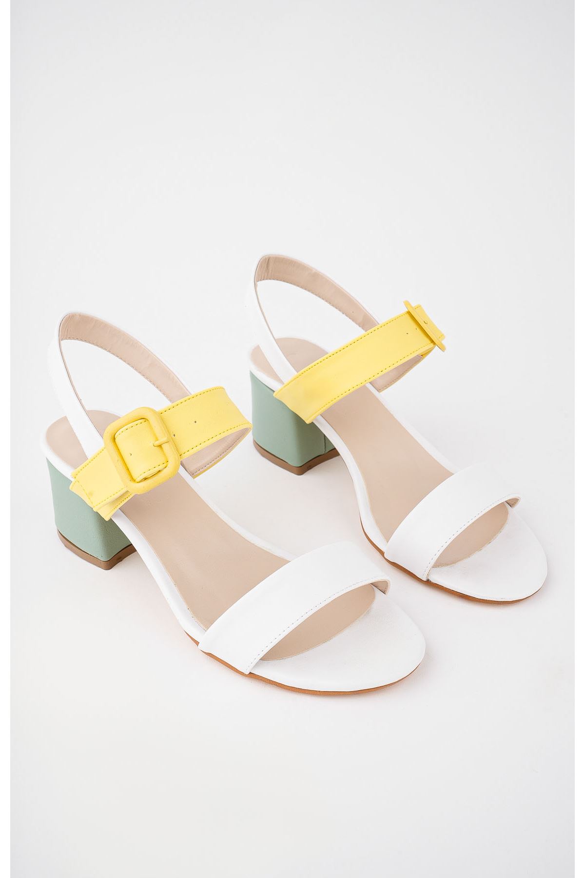 Freemax Kadın Klasik 6 cm Topuklu Renkli Ayakkabı abb.812 Beyaz Sarı
