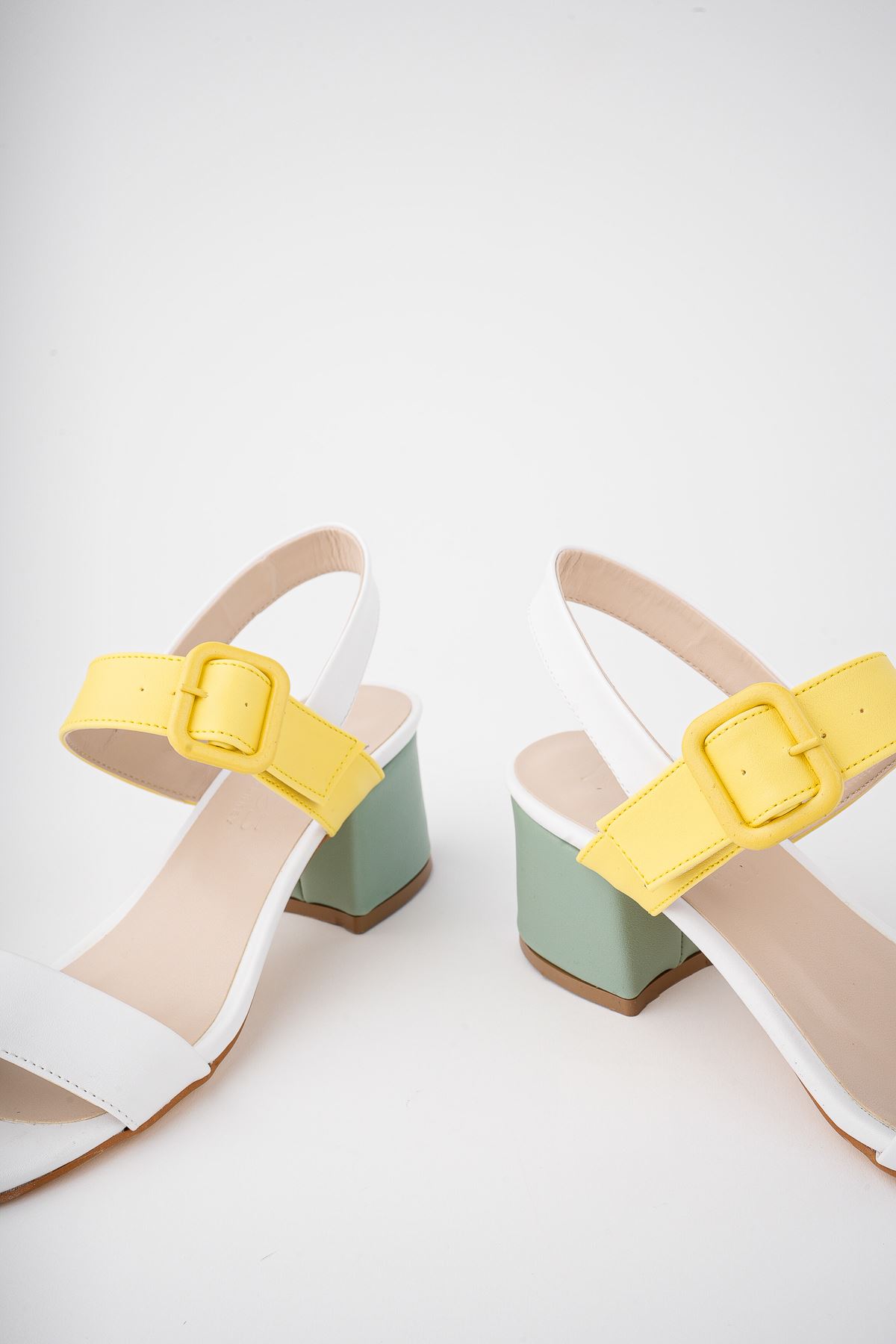 Freemax Kadın Klasik 6 cm Topuklu Renkli Ayakkabı abb.812 Beyaz Sarı