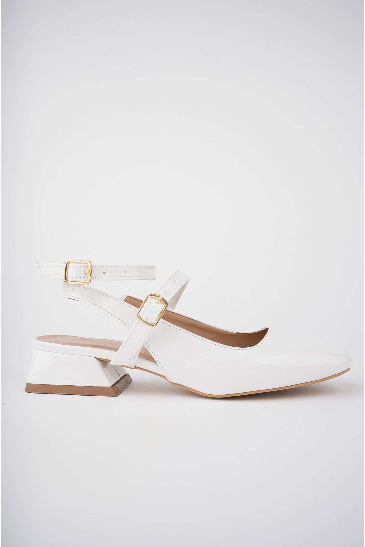 Freemax Kadın 4 cm Topuklu Klasik Köşeli Burun Mary Jane Kolej Ayakkabı Ckr.014 Beyaz