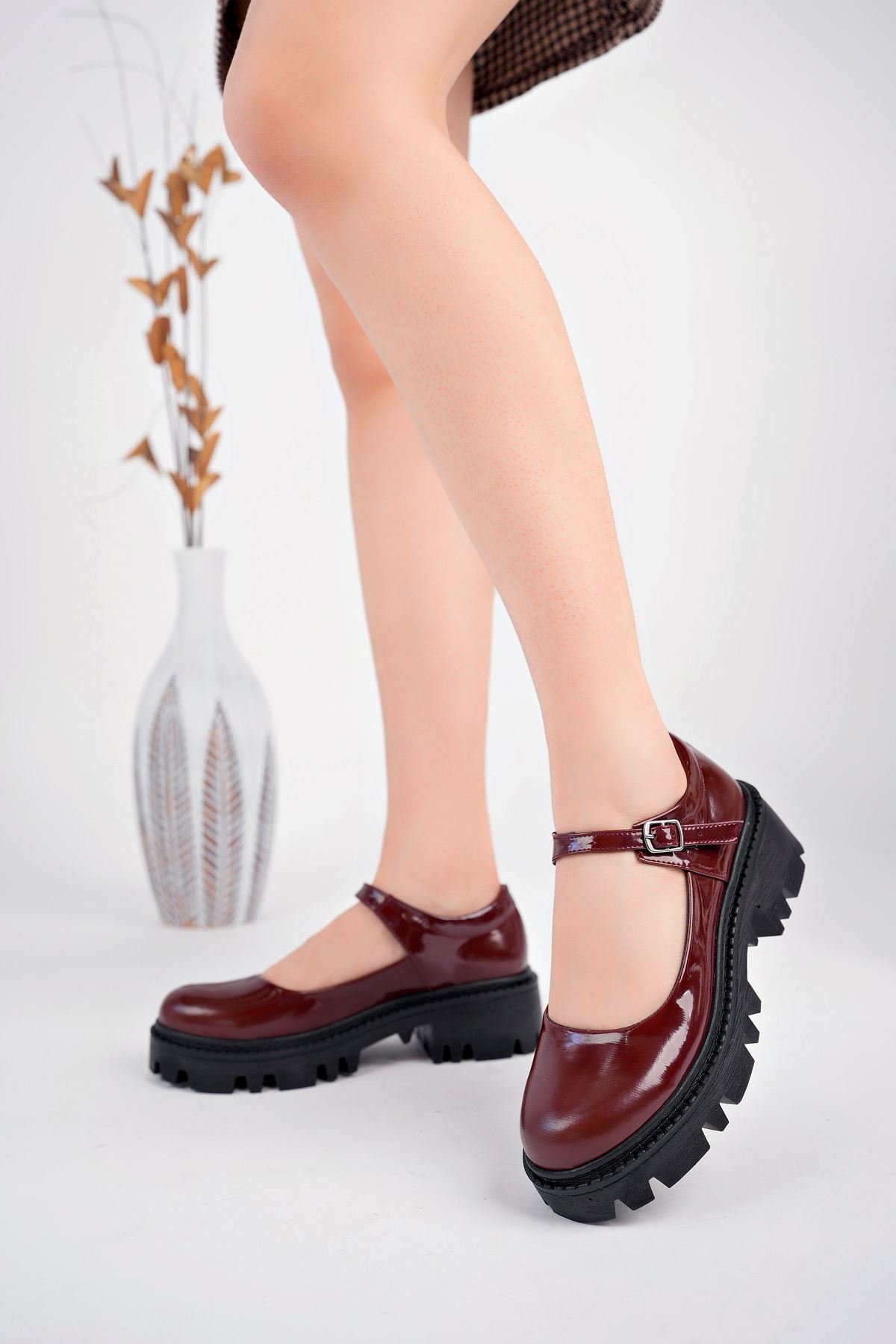 Freemax Kadın 4 cm Topuklu Günlük Klasik Tek Baret Kolej Ayakkabı Ckr.015 BORDO