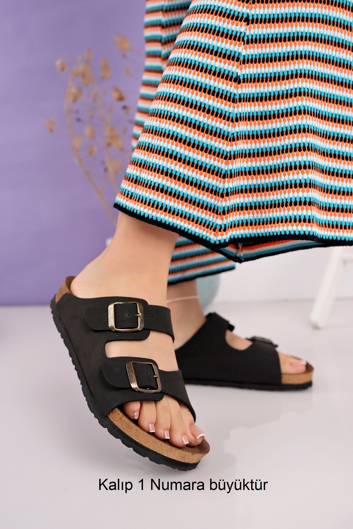 Freemax Kadın Garantili Anatomik Tasarım Çift Toka Yazlık Günlük Birken Terlik VEGAN4095 Siyah