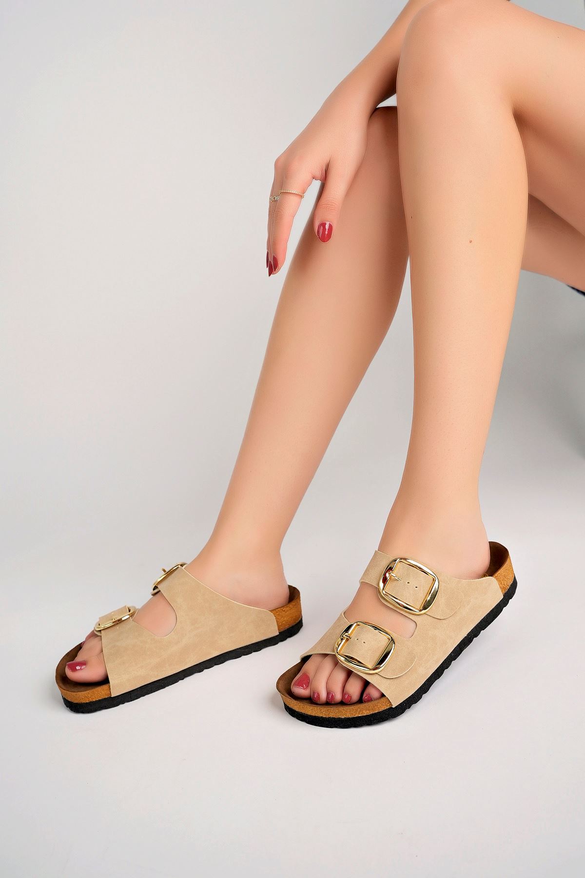 Freemax Kadın Garantili Çift Toka Yazlık Günlük Birken Terlik ppl 4098 Bej