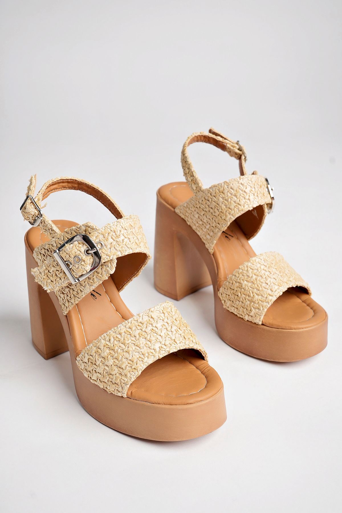 Freemax Kadın Yüksek 12 cm Topuklu Klasik Platform Ayakkabı Bej