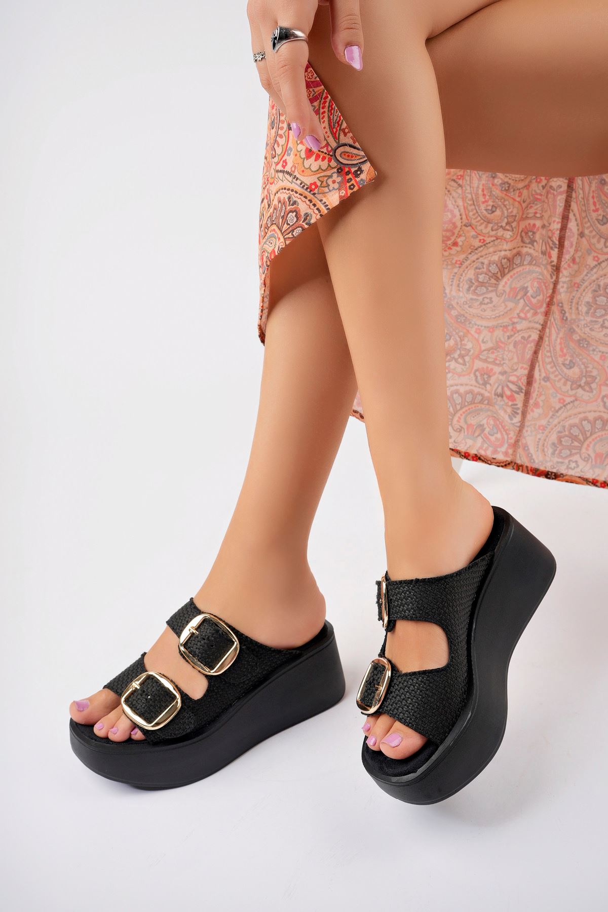 Freemax Kadın Gold Toka Platform Yüksek Topuk Günlük Birken Terlik ppl 201 Hasır Siyah