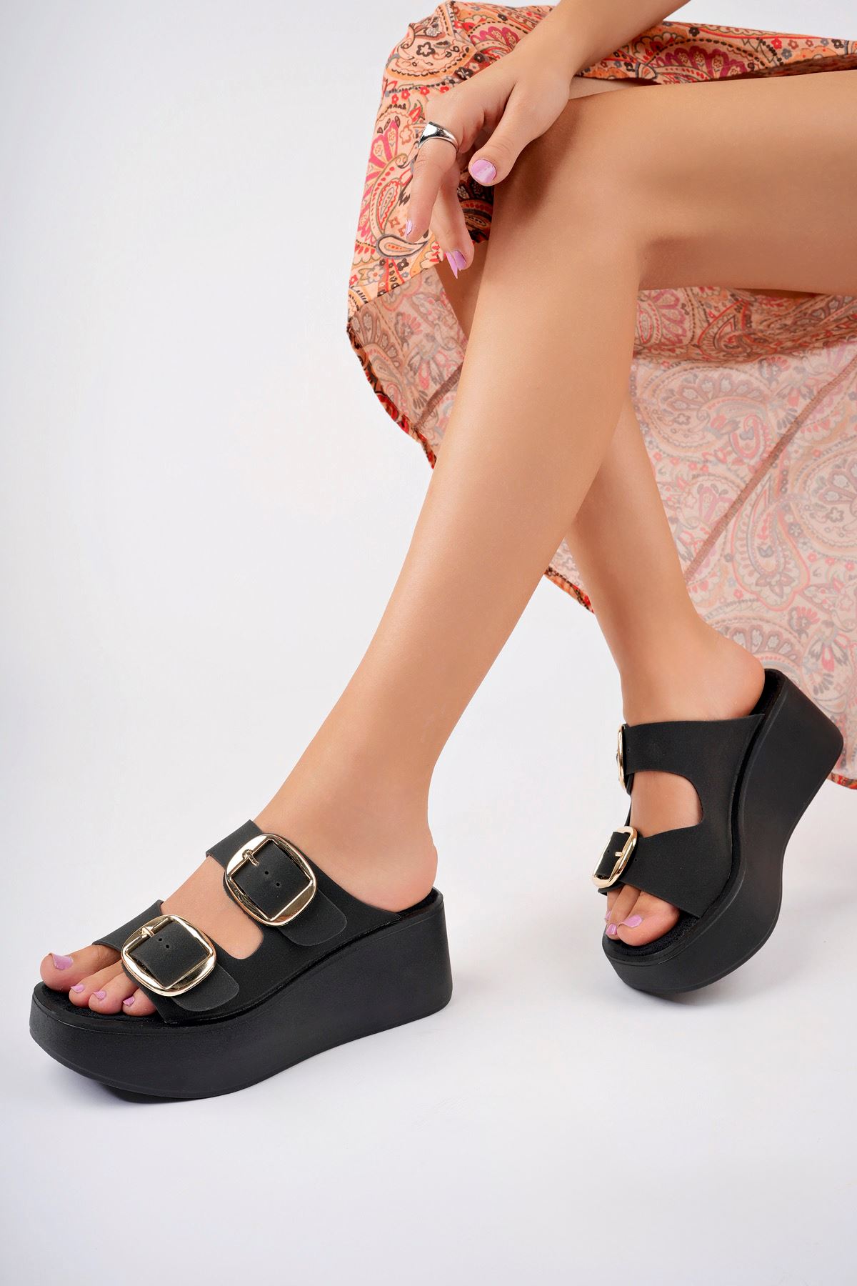 Freemax Kadın Gold Toka Platform Yüksek Topuk Günlük Birken Terlik ppl 201 Siyah