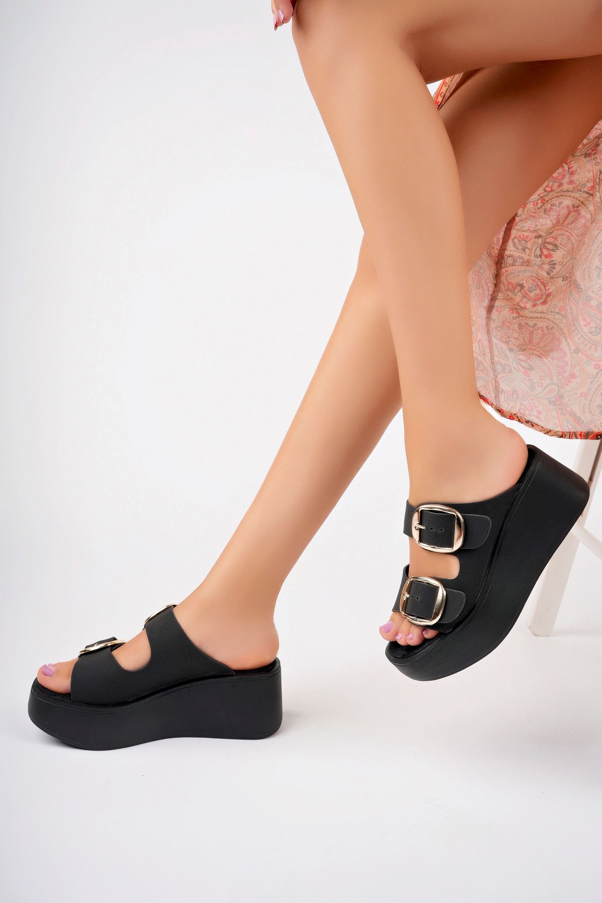 Freemax Kadın Gold Toka Platform Yüksek Topuk Günlük Birken Terlik ppl 201 Siyah