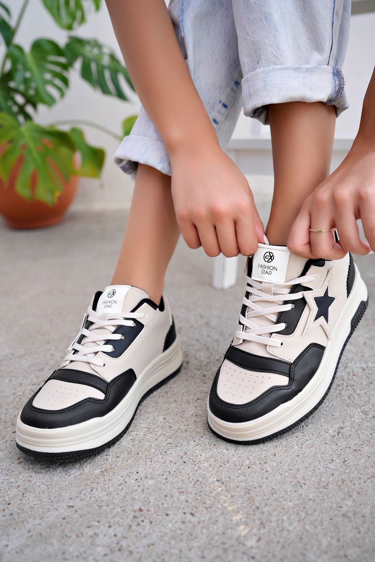 Freemax Kadın Anatomik Garantili  Hafif Esnek Rahat Sneaker Spor Ayakkabı cnp5974 Bej Siyah