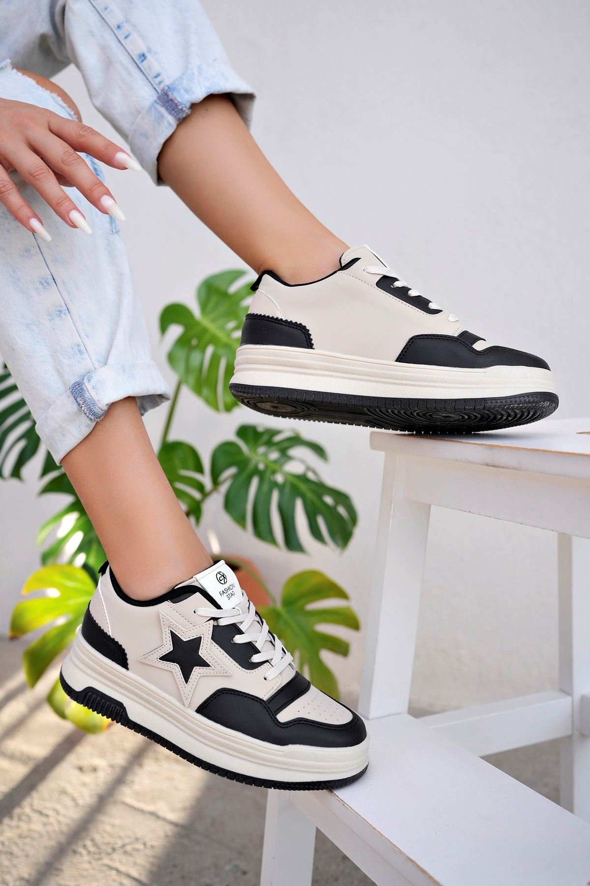 Freemax Kadın Anatomik Garantili  Hafif Esnek Rahat Sneaker Spor Ayakkabı cnp5974 Bej Siyah