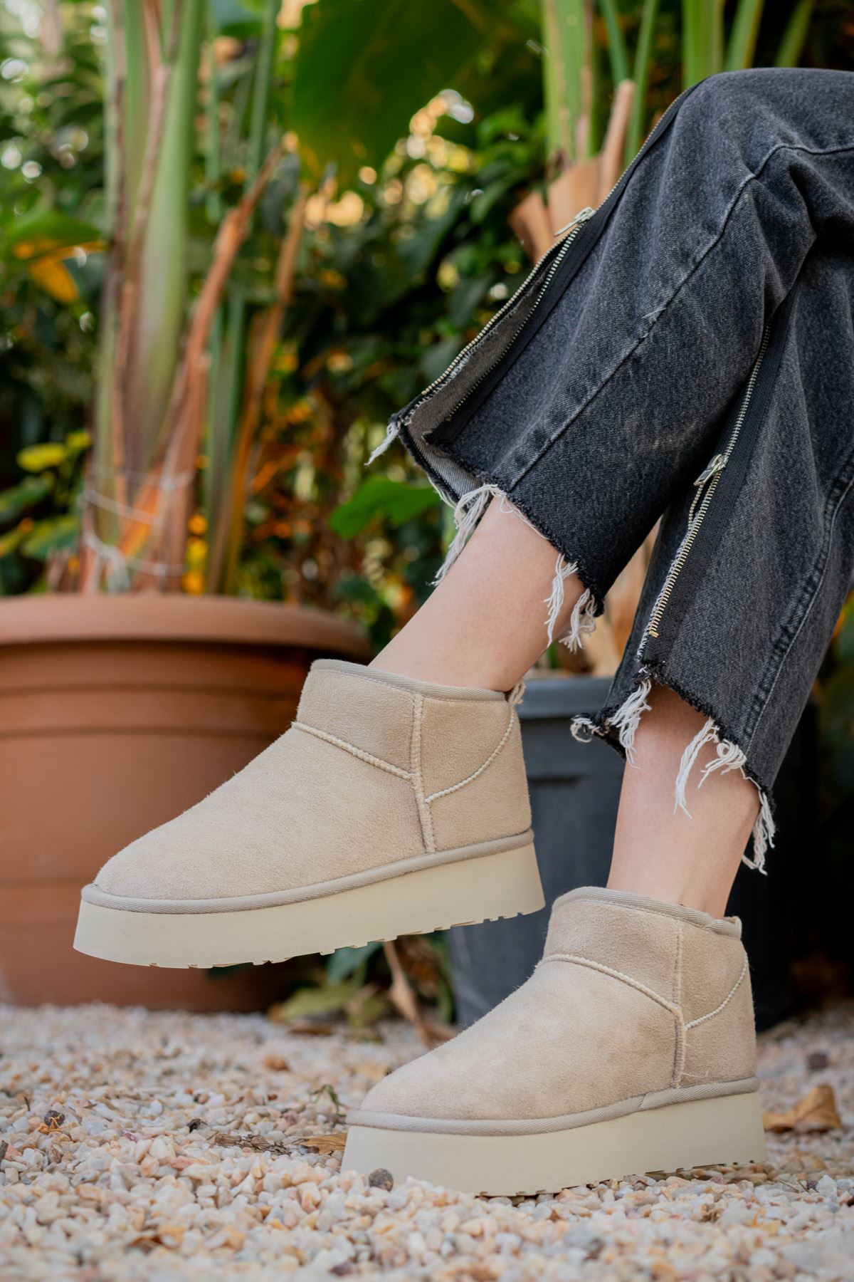 Freemax Kadın Garantili İçi Kürklü Hafif Taban Mini Bot Uggmini502 Bej