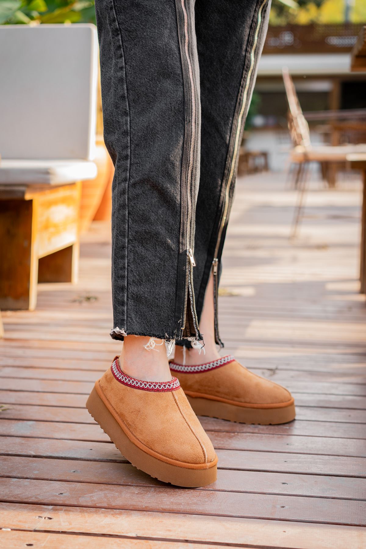 Freemax Kadın Garantili İçi Kürklü Hafif Yüksek Taban Mini Sabo Ev Terliği Uggsabo503 Taba