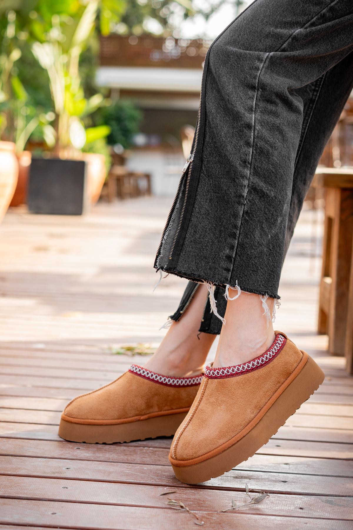 Freemax Kadın Garantili İçi Kürklü Hafif Yüksek Taban Mini Sabo Ev Terliği Uggsabo503 Taba