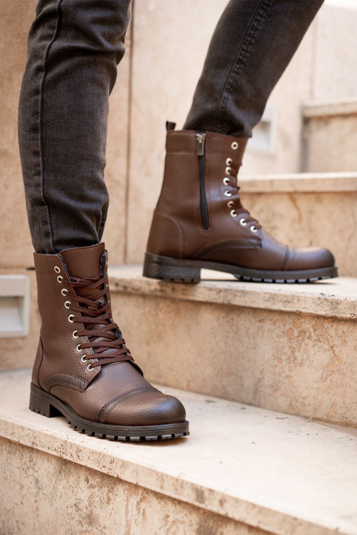 Freemax Su ve Soğuk Geçirmez Kürklü Fermuarlı Kışlık Garantili Erkek Postal Bot Kahverengi