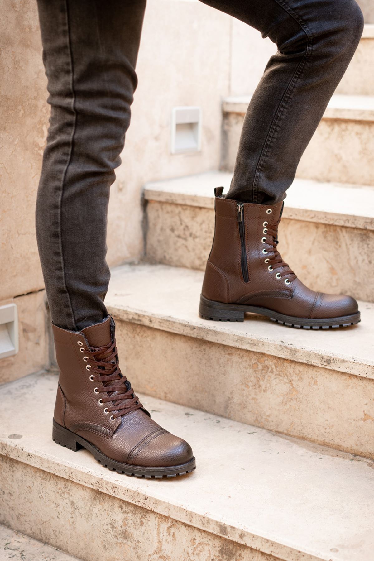 Freemax Su ve Soğuk Geçirmez Kürklü Fermuarlı Kışlık Garantili Erkek Postal Bot Kahverengi