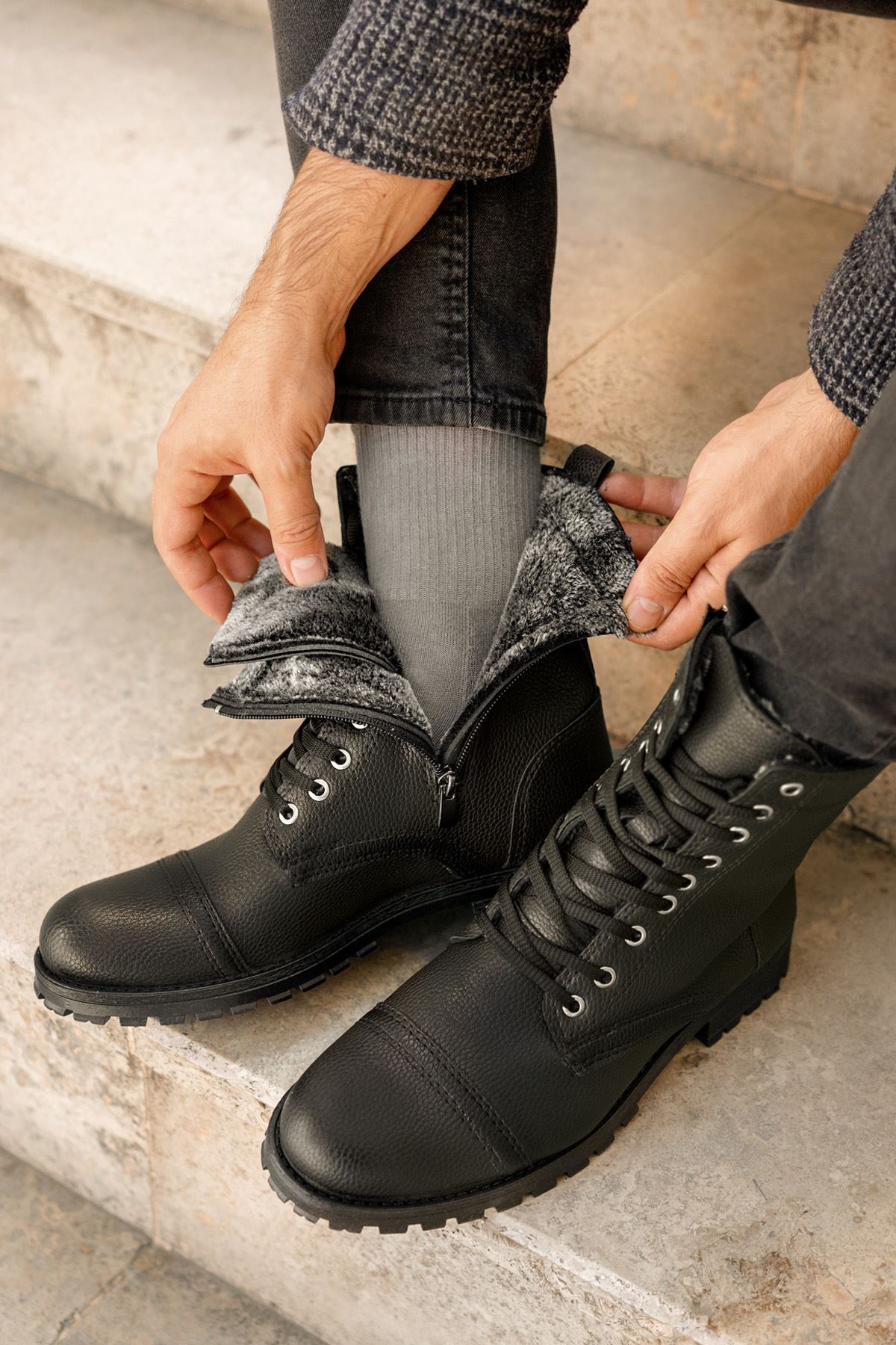 Freemax Su ve Soğuk Geçirmez Kürklü Fermuarlı Kışlık Garantili Erkek Postal Bot SİYAH