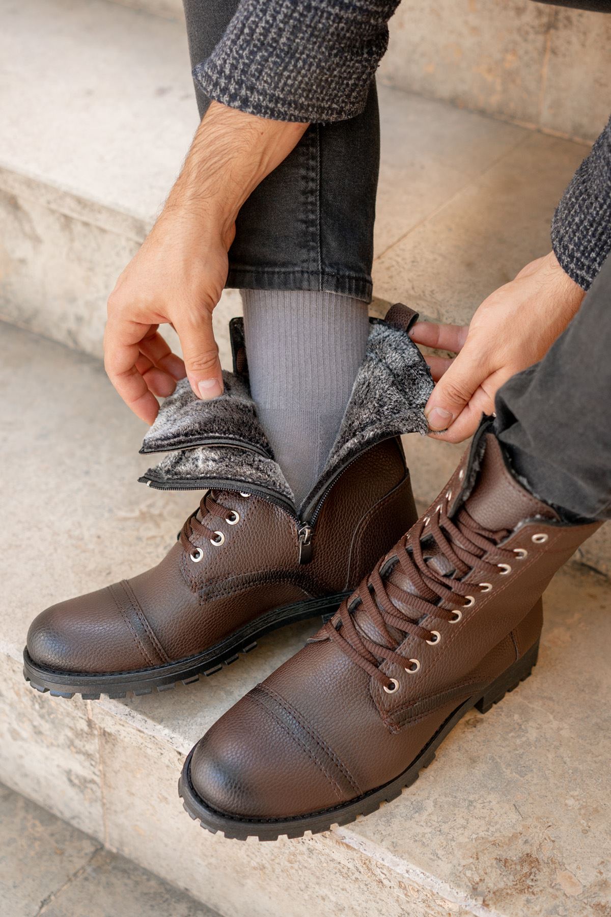 Freemax Su ve Soğuk Geçirmez Kürklü Fermuarlı Kışlık Garantili Erkek Postal Bot Kahverengi