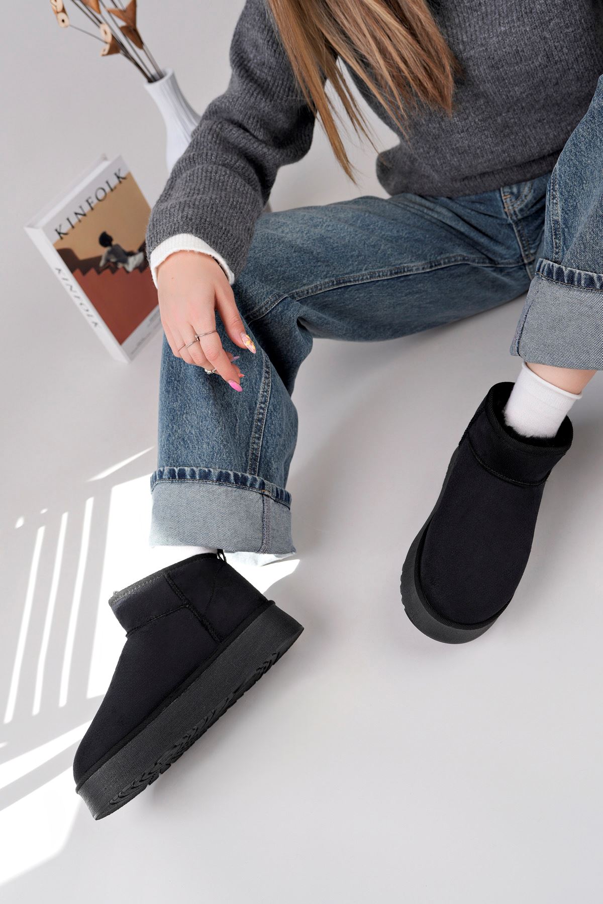 Freemax Kadın Garantili İçi Kürklü Hafif Taban Mini Bot Uggm.302 Siyah