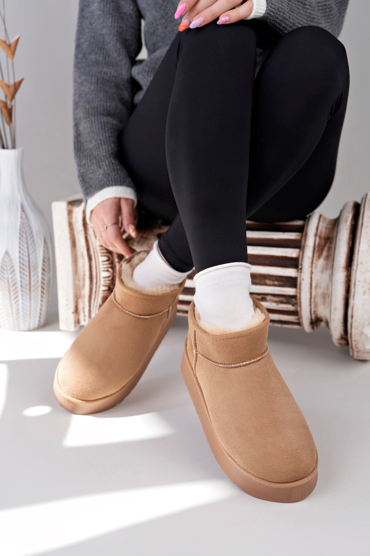 Freemax Kadın Garantili İçi Kürklü Hafif Taban Mini Bot Uggm.302 Vizon