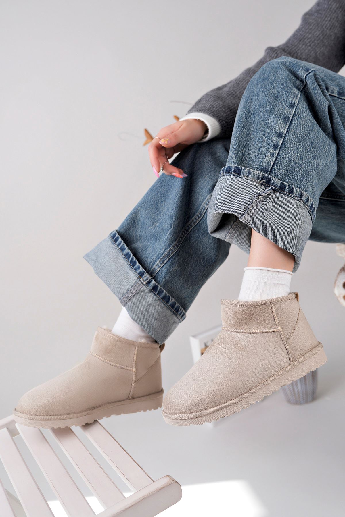 Freemax Kadın Garantili İçi Kürklü Hafif Taban Mini Bot Uggmini301 Bej