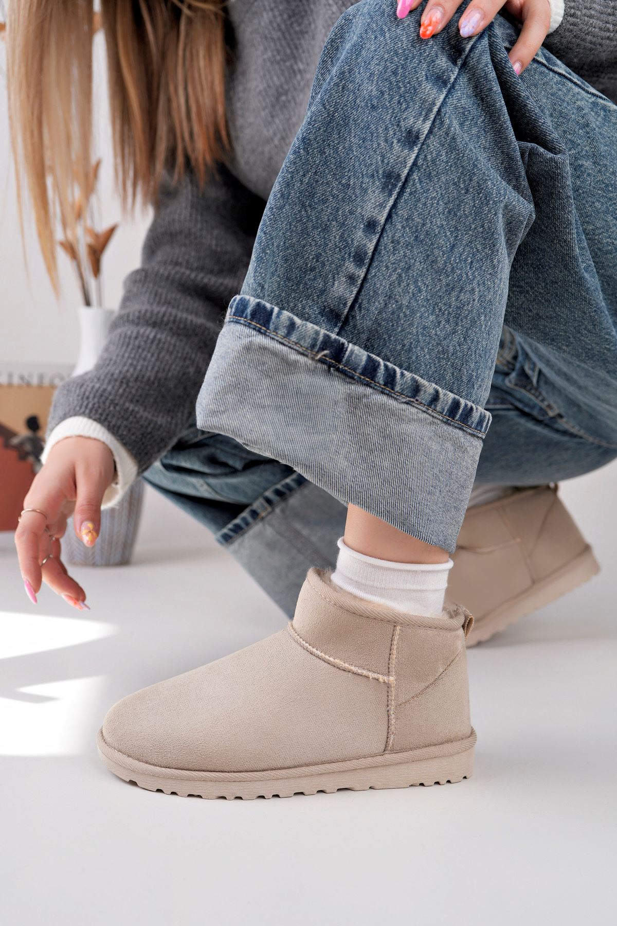 Freemax Kadın Garantili İçi Kürklü Hafif Taban Mini Bot Uggmini301 Bej