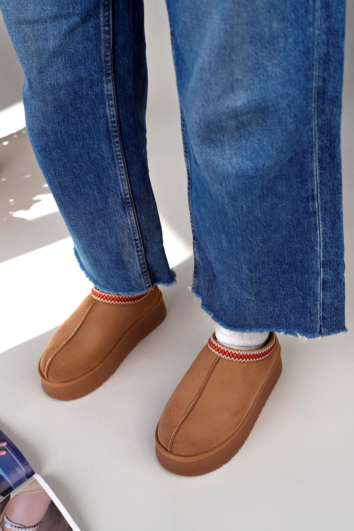 Freemax Kadın Garantili İçi Kürklü Hafif Yüksek Taban Mini Sabo Ev Terliği UggSabo.303 Taba