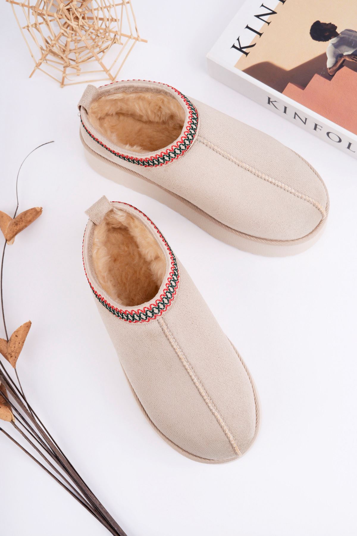 Freemax Kadın Garantili İçi Kürklü Hafif Yüksek Taban Mini Sabo Ev Terliği UggSabo.303 Bej