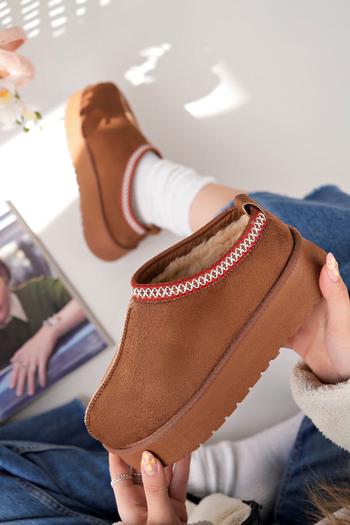 Freemax Kadın Garantili İçi Kürklü Hafif Yüksek Taban Mini Sabo Ev Terliği UggSabo.303 Taba