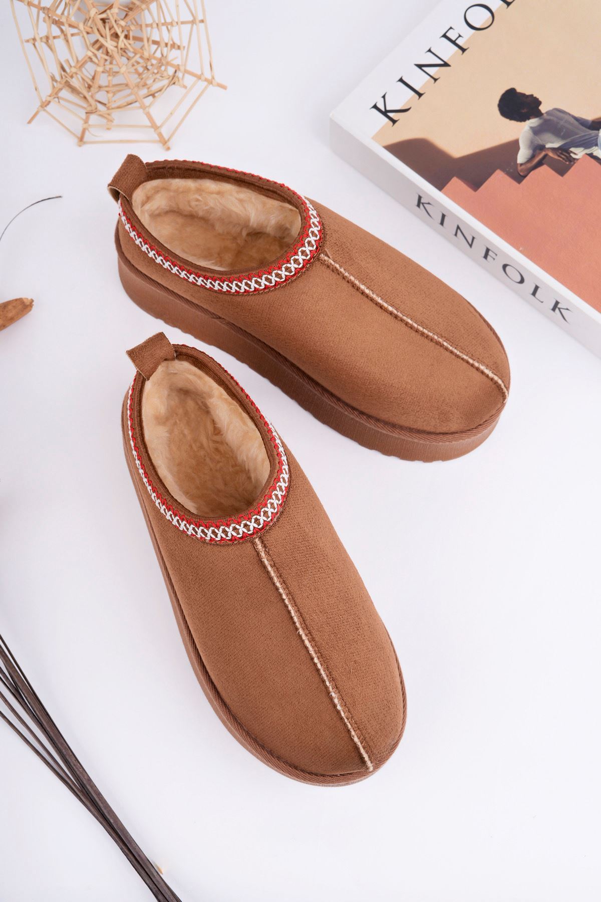 Freemax Kadın Garantili İçi Kürklü Hafif Yüksek Taban Mini Sabo Ev Terliği UggSabo.303 Taba